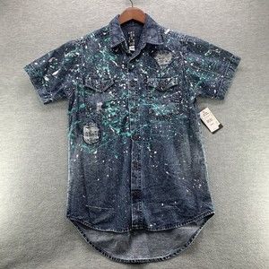 Enter the Void Men's Denim Short Sleeve Button Down Paint Splatter Shirt Sz S